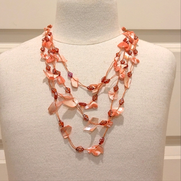 Vintage 19.5" Pink Natural Shell and Rope Necklace with Rhinestone Beads - Picture 1 of 6